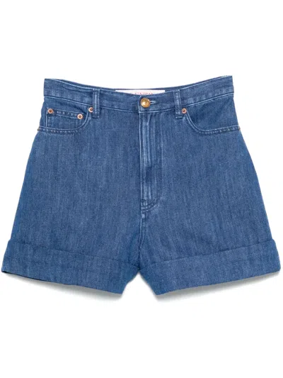 Valentino Chez Logo Patch Mini Denim Shorts In Blue