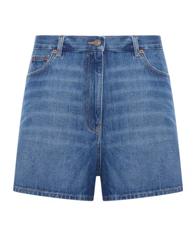 Valentino Denim Shorts With V Gold Details In Blue
