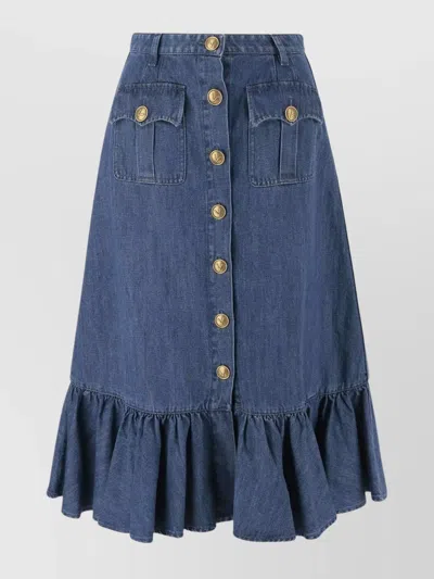 VALENTINO DENIM SKIRT FEATURING FLOUNCES AND RUFFLED HEM