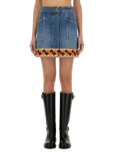 VALENTINO VALENTINO DENIM SKIRT WITH JACQUARD TRIM