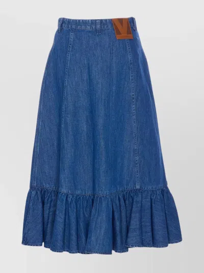 Valentino Denim Skirt With Ruffled Hem And Pockets In Blue