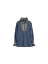 Valentino Womens Embroidered Frilled Cotton-denim Shirt Medium Blue Denim