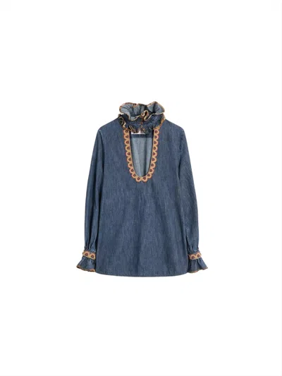 VALENTINO DENIM BLOUSE WITH EMBROIDERED EDGES