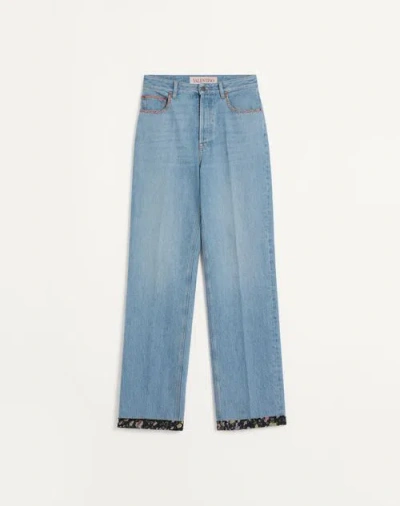 Valentino Denim Trousers With Floral Print Hem In Blue
