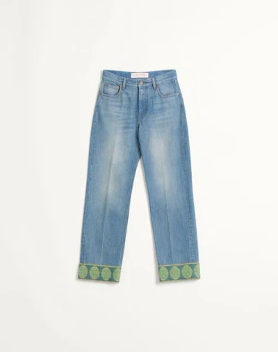 VALENTINO VALENTINO DENIM TROUSERS WITH JACQUARD TRIMS WOMAN DENIM 25