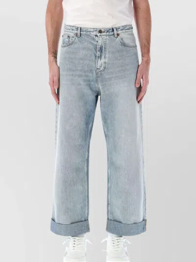 Valentino Denim Wide Leg Cotton Pants In Blue