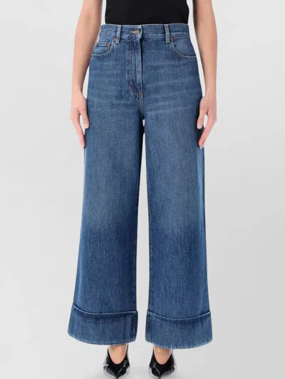 Valentino Denim Wide Leg Trousers Contrast Stitching Cuffed In Blue