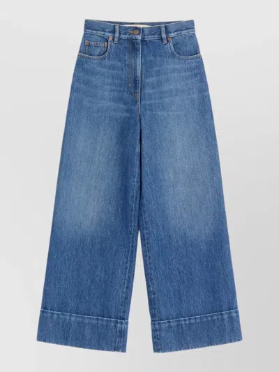 Valentino Denim Wide Leg Trousers High Waist Five Pockets In Blue