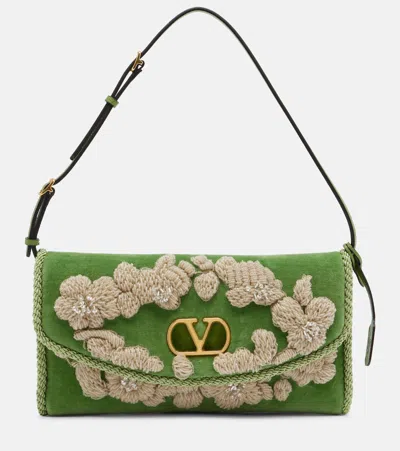 Valentino Garavani Devain Embellished Velvet Shoulder Bag In Green