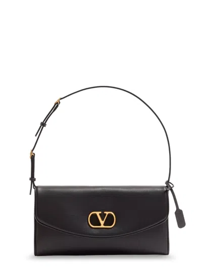 Valentino Garavani Devain Leather Shoulder Bag With Metal Vlogo Signature In Black