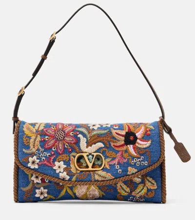 Valentino Garavani Devain Small Embroidered Denim Shoulder Bag In Multi