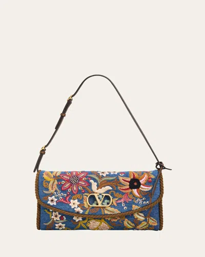 Valentino Garavani Devain Small Embroidered Denim Shoulder Bag In Multi