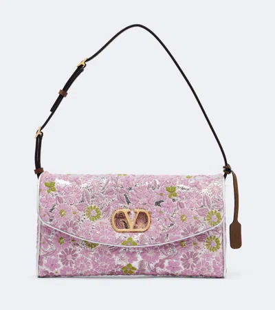 Valentino Garavani Devain Leather-trimmed Floral-jacquard Shoulder Bag In Pink