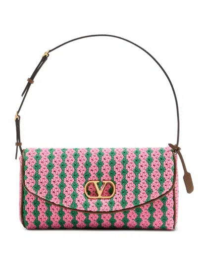 Valentino Garavani Devain Small Shoulder Bag In Crochet Fabric In Pink