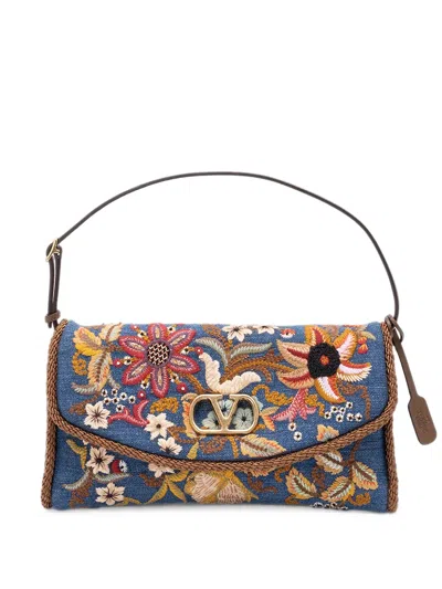 Valentino Garavani Devain Small Shoulder Bag In Embroidered Denim In Blue
