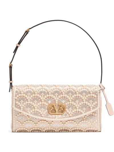 Valentino Garavani Devain Small Shoulder Bag With Pearls And Rhinestones In Neutral