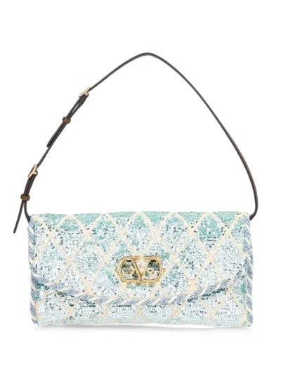 Valentino Garavani Devain Small Shoulder Bag With Rhombelle Embroidery In Blue