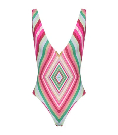 Valentino Geometric-print V-neck Swimsuit In 粉色