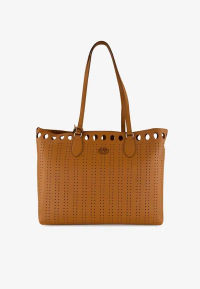 Valentino Garavani Dottie Perforated Leather Tote Bag In Brown