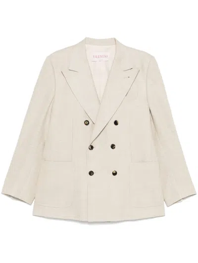 Valentino Double-breasted Linen Blend Jacket With Structured Fit In Neutral