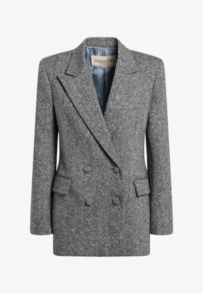 Valentino Double-breasted Bouclé Wool Blazer In Gray