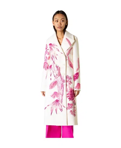 Valentino Floral-embroidered Double-breasted Coat In Neutral