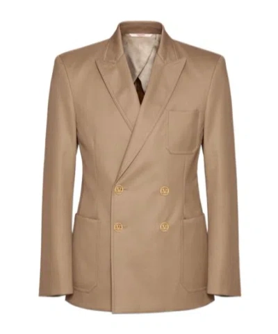 Valentino Double-breasted Cotton Blazer In Beige