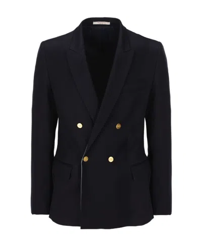 Valentino Double-breasted Cotton Blazer In Navy Blue