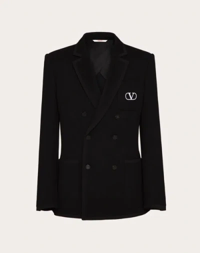 Valentino Double-breasted Cotton Jersey Jacket With Vlogo Signature Patch In Black