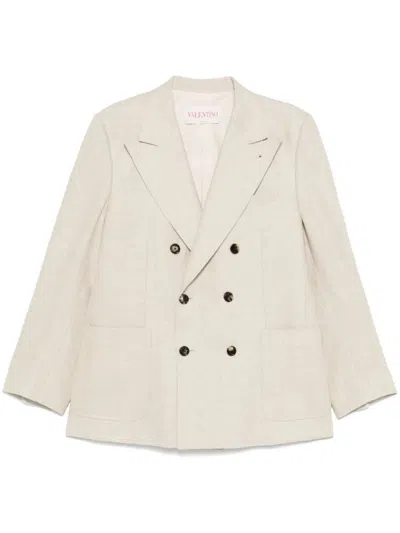 Valentino Double-breasted Linen Blend Jacket With Structured Fit In Neutral