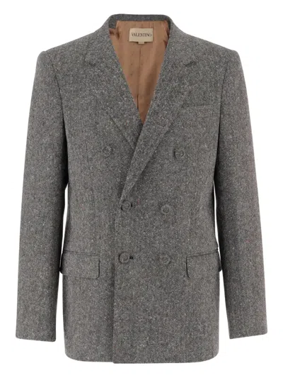 Valentino Double-breasted Speckled Blazer In Gray