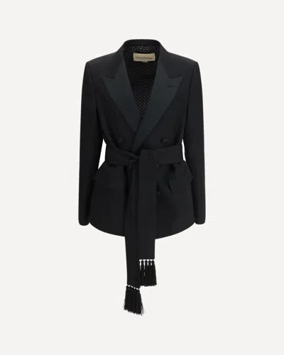 Valentino Wool Blazer Belted Waist Double Breasted Tassels In Black