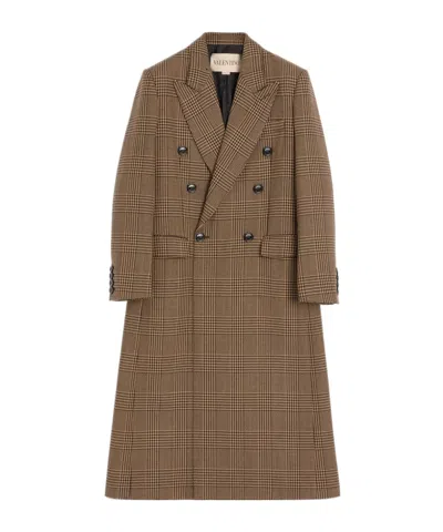Valentino Double-breasted Wool Coat With Glen Plaid Pattern In Brown