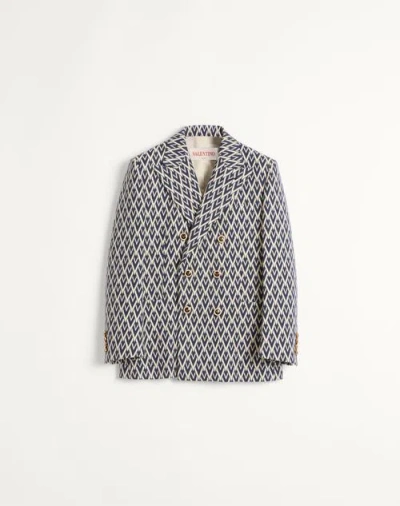 Valentino Double-breasted Wool Jacket With Toute La V Jacquard Pattern In Blue/ivory