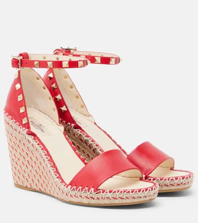Valentino Garavani Double Rockstud Leather Espadrille Wedges In Red
