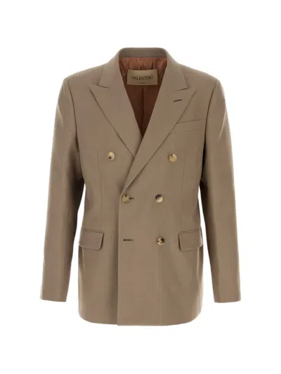 Valentino Wool Blazer Double Breasted Notch Lapel In Brown