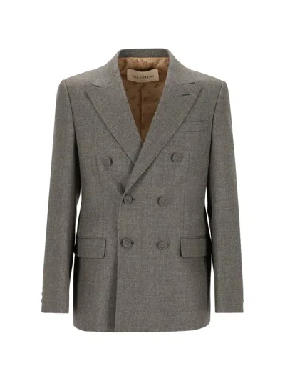 Valentino Double-breasted Jacket In Mouliné Wool In Gray