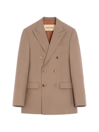 Valentino Double-breasted Jacket In Natté Wool In Brown
