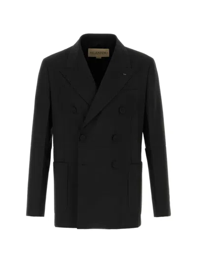 Valentino Tailored Double-breasted Polyester Blend Jacket In Black