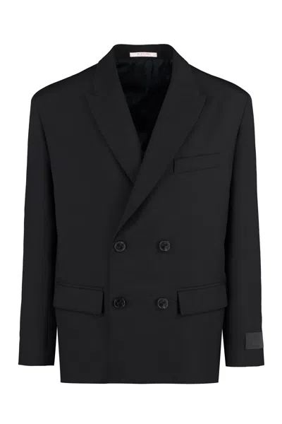 Valentino Double-breasted Wool Blazer For Men In Black