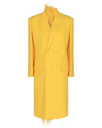 Valentino Double-breasted Wool Coat With Feather Trim In 92452-tuscan Sun