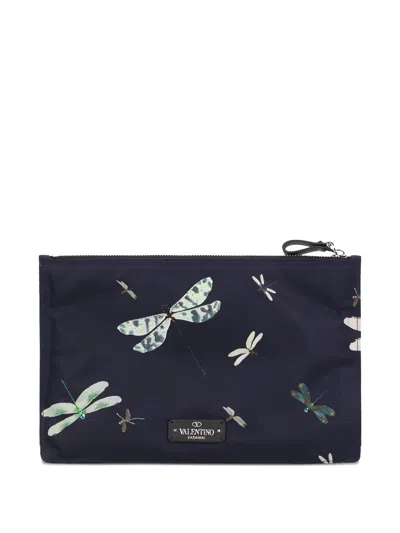 Valentino Garavani Dragonfly-print Clutch Bag In Black