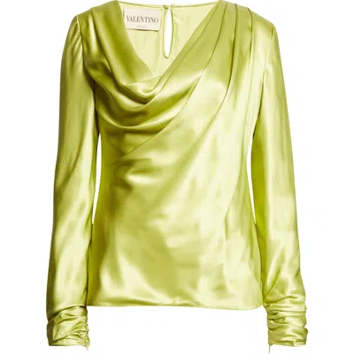 Valentino Draped Cowl Neck Silk Top In Green