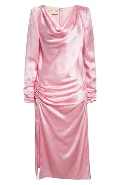 Valentino Draped Long Sleeve Silk Satin Dress In Pink