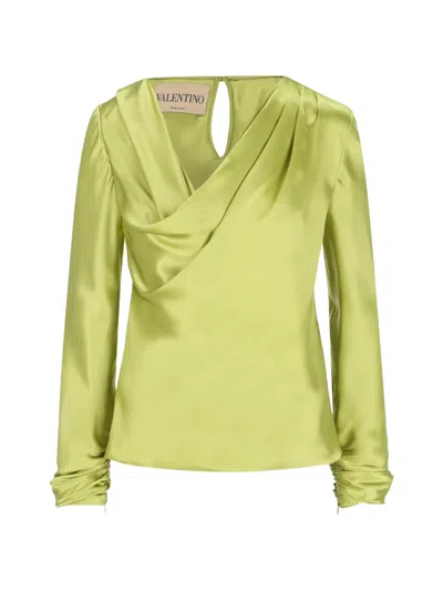 Valentino Draped Long-sleeved Top In Green