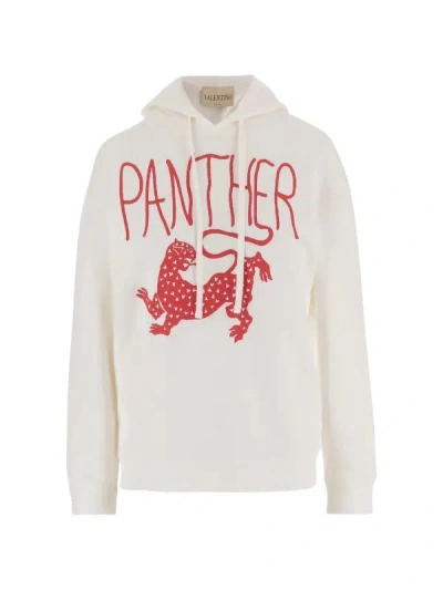 Valentino Drawstring Black Panther Print Hoodie In White