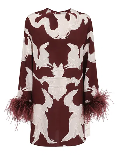 Valentino Feather-trimmed Printed Silk Crepe De Chine Mini Dress In Burgundy