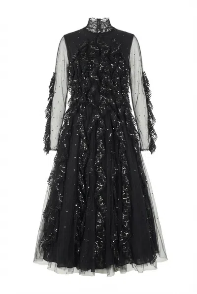 Valentino Sequin-embellished Ruffled Midi Dress In Black