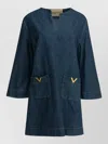 Valentino Vlogo Signature Mini Dress With V-neck And Pockets In Blue