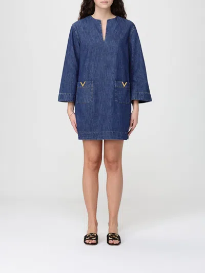 Valentino Vlogo Signature Denim Dress Three Quarter Sleeves In Blue